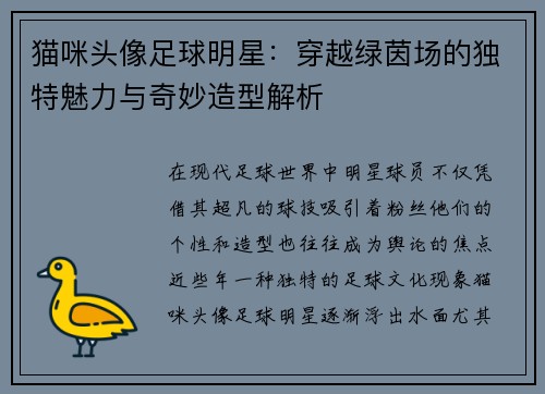 猫咪头像足球明星：穿越绿茵场的独特魅力与奇妙造型解析